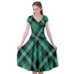 Biscay Green Black Plaid Cap Sleeve Wrap Front Dress by SpinnyChairDesigns