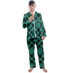 Biscay Green Black Plaid Men s Long Sleeve Satin Pyjamas Set by SpinnyChairDesigns