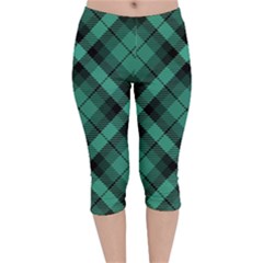 Biscay Green Black Plaid Velvet Capri Leggings  by SpinnyChairDesigns