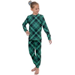 Biscay Green Black Plaid Kids  Long Sleeve Set  by SpinnyChairDesigns