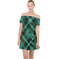 Biscay Green Black Plaid Off Shoulder Chiffon Dress by SpinnyChairDesigns