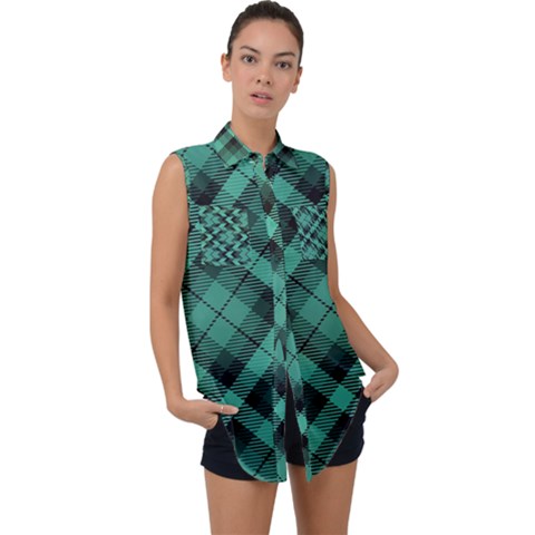 Biscay Green Black Plaid Sleeveless Chiffon Button Shirt by SpinnyChairDesigns