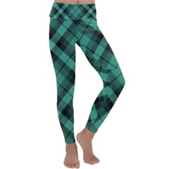 Biscay Green Black Plaid Kids  Lightweight Velour Classic Yoga Leggings by SpinnyChairDesigns