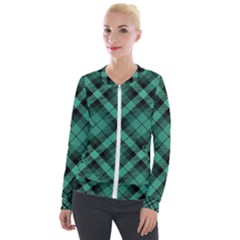 Biscay Green Black Plaid Velour Zip Up Jacket by SpinnyChairDesigns