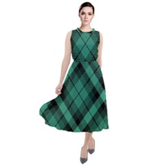 Biscay Green Black Plaid Round Neck Boho Dress by SpinnyChairDesigns