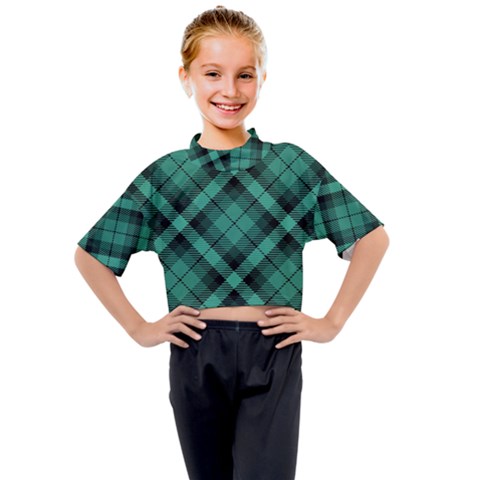 Biscay Green Black Plaid Kids Mock Neck Tee by SpinnyChairDesigns