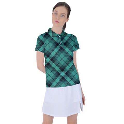 Biscay Green Black Plaid Women s Polo Tee by SpinnyChairDesigns