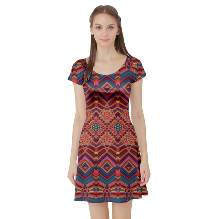 Boho Light Brown Blue Pattern Short Sleeve Skater Dress