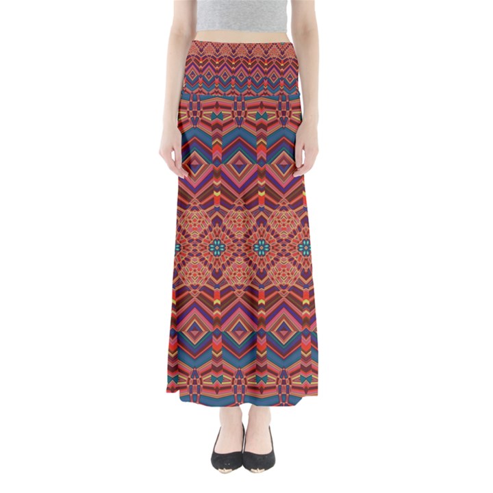 Boho Light Brown Blue Pattern Full Length Maxi Skirt