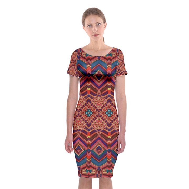 Boho Light Brown Blue Pattern Classic Short Sleeve Midi Dress