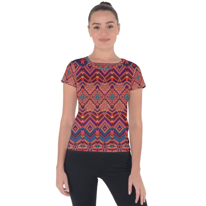 Boho Light Brown Blue Pattern Short Sleeve Sports Top 