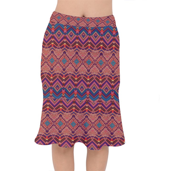 Boho Light Brown Blue Pattern Short Mermaid Skirt