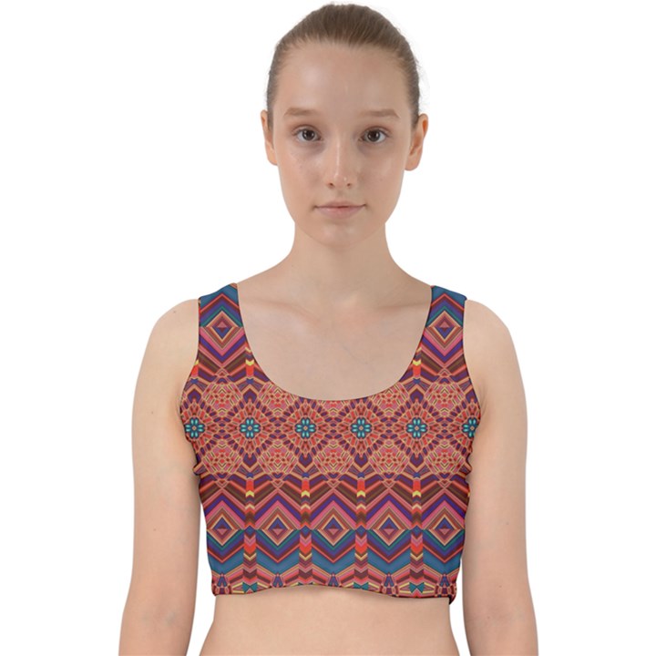 Boho Light Brown Blue Pattern Velvet Racer Back Crop Top