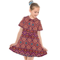 Boho Light Brown Blue Pattern Kids  Short Sleeve Shirt Dress by SpinnyChairDesigns