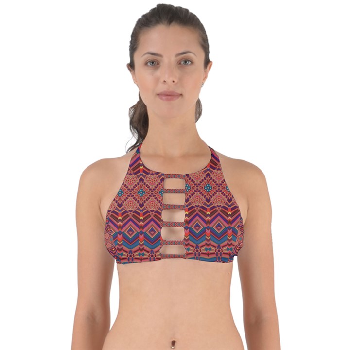 Boho Light Brown Blue Pattern Perfectly Cut Out Bikini Top