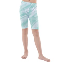 Biscay Green White Feathered Swoosh Kids  Mid Length Swim Shorts by SpinnyChairDesigns