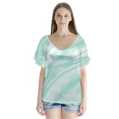 Biscay Green White Feathered Swoosh V-neck Flutter Sleeve Top by SpinnyChairDesigns