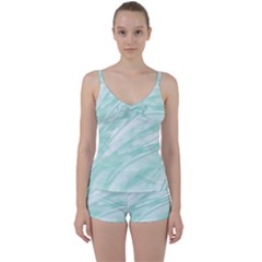 Biscay Green White Feathered Swoosh Tie Front Two Piece Tankini by SpinnyChairDesigns