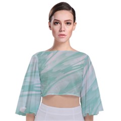 Biscay Green White Feathered Swoosh Tie Back Butterfly Sleeve Chiffon Top by SpinnyChairDesigns