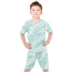 Biscay Green White Feathered Swoosh Kids  Tee And Shorts Set by SpinnyChairDesigns