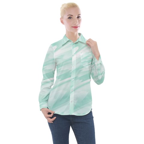 Biscay Green White Feathered Swoosh Women s Long Sleeve Pocket Shirt by SpinnyChairDesigns