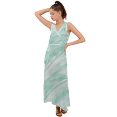 Biscay Green White Feathered Swoosh V-neck Chiffon Maxi Dress by SpinnyChairDesigns