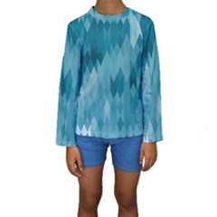 Cerulean Blue Geometric Patterns Kids  Long Sleeve Swimwear by SpinnyChairDesigns