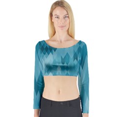 Cerulean Blue Geometric Patterns Long Sleeve Crop Top by SpinnyChairDesigns