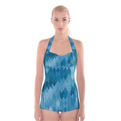 Cerulean Blue Geometric Patterns Boyleg Halter Swimsuit  by SpinnyChairDesigns