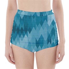 Cerulean Blue Geometric Patterns High-waisted Bikini Bottoms by SpinnyChairDesigns