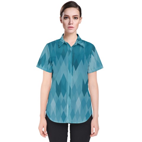 Cerulean Blue Geometric Patterns Women s Short Sleeve Shirt by SpinnyChairDesigns