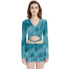 Cerulean Blue Geometric Patterns Velvet Wrap Crop Top