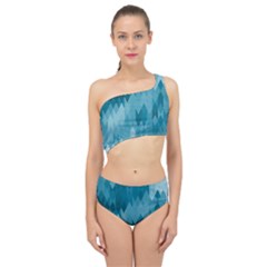 Cerulean Blue Geometric Patterns Spliced Up Two Piece Swimsuit by SpinnyChairDesigns