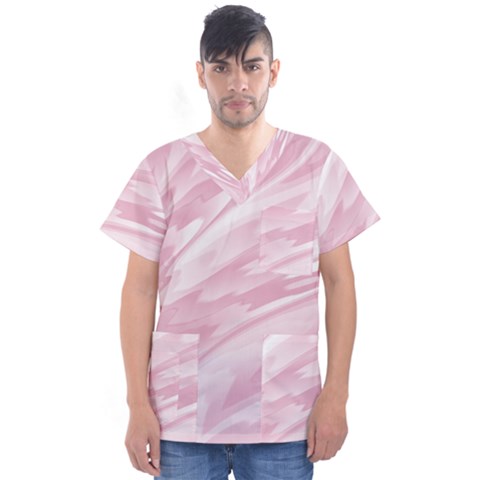 Pastel Pink Feathered Pattern Men s V-neck Scrub Top by SpinnyChairDesigns