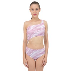 Pastel Pink Feathered Pattern Spliced Up Two Piece Swimsuit by SpinnyChairDesigns