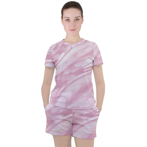 Pastel Pink Feathered Pattern Women s Tee And Shorts Set by SpinnyChairDesigns