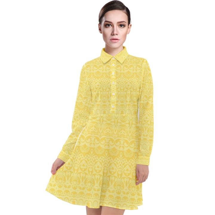 Boho Saffron Yellow Color Long Sleeve Chiffon Shirt Dress