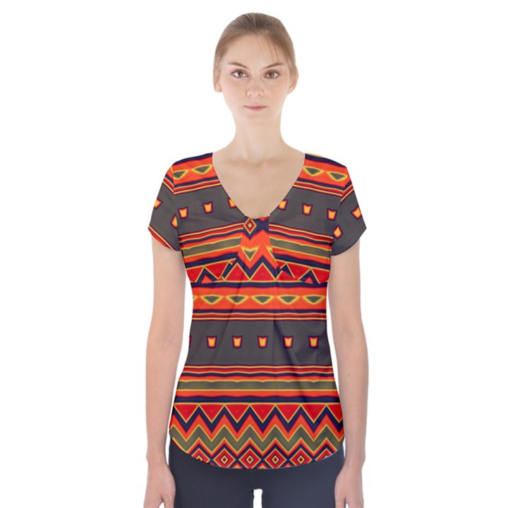 Boho Orange Tribal Pattern Short Sleeve Front Detail Top