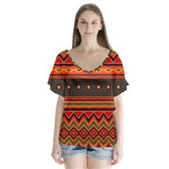 Boho Orange Tribal Pattern V-neck Flutter Sleeve Top by SpinnyChairDesigns