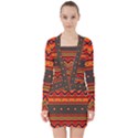 Boho Orange Tribal Pattern V-neck Bodycon Long Sleeve Dress View1