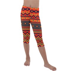 Boho Orange Tribal Pattern Kids  Lightweight Velour Capri Leggings  by SpinnyChairDesigns