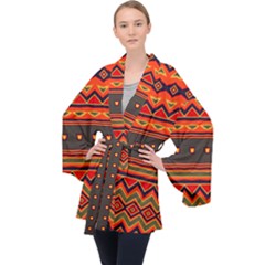 Boho Orange Tribal Pattern Long Sleeve Velvet Kimono  by SpinnyChairDesigns