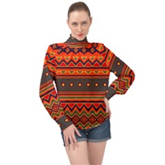 Boho Orange Tribal Pattern High Neck Long Sleeve Chiffon Top by SpinnyChairDesigns