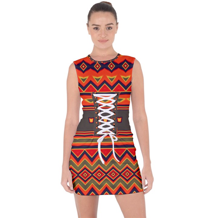 Boho Orange Tribal Pattern Lace Up Front Bodycon Dress