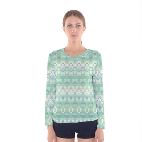 Boho Biscay Green Pattern Women s Long Sleeve Tee by SpinnyChairDesigns