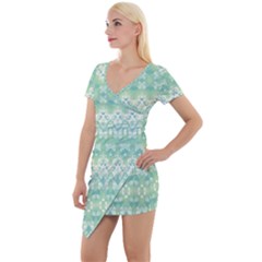 Boho Biscay Green Pattern Short Sleeve Asymmetric Mini Dress by SpinnyChairDesigns