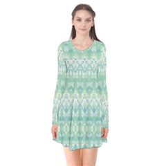 Boho Biscay Green Pattern Long Sleeve V-neck Flare Dress by SpinnyChairDesigns