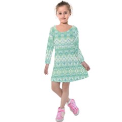 Boho Biscay Green Pattern Kids  Long Sleeve Velvet Dress by SpinnyChairDesigns