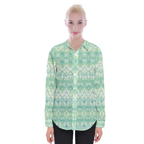 Boho Biscay Green Pattern Womens Long Sleeve Shirt by SpinnyChairDesigns