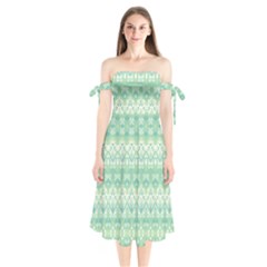 Boho Biscay Green Pattern Shoulder Tie Bardot Midi Dress by SpinnyChairDesigns